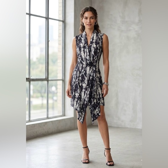 Tristan Dresses & Skirts - Tristan 100% Silk Black & White Abstract Print Sleeveless Draped Dress-Size L